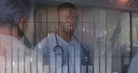 Doctor Reviewing Data with Patient in Hospital Corridor Overlay