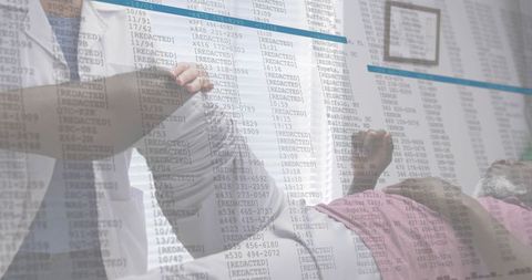 Clinician examining patient lifting leg during knee assessment with redacted data overlay