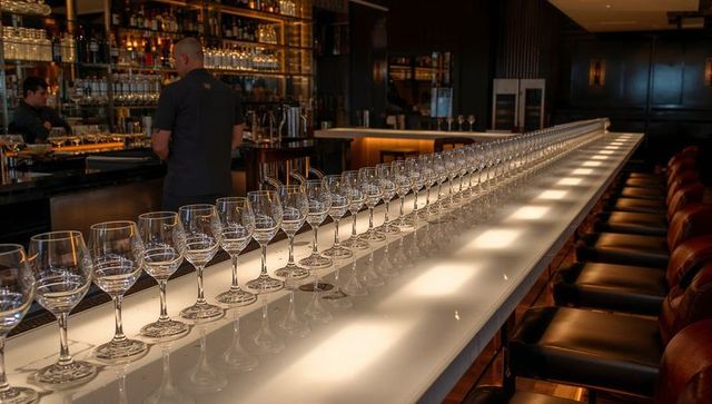 Lining stemware along illuminated bar counter upscale lounge reflections ambient lighting