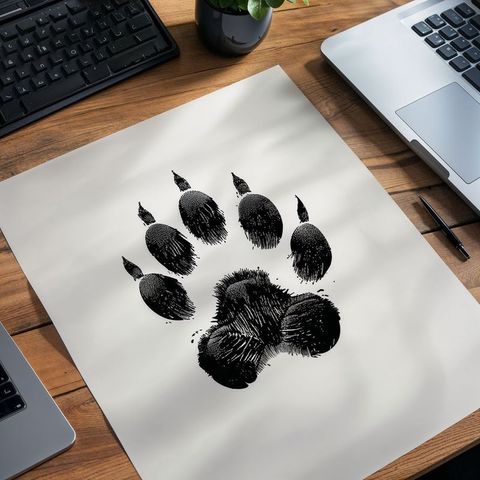 Stylish home office with paw print art and modern technology