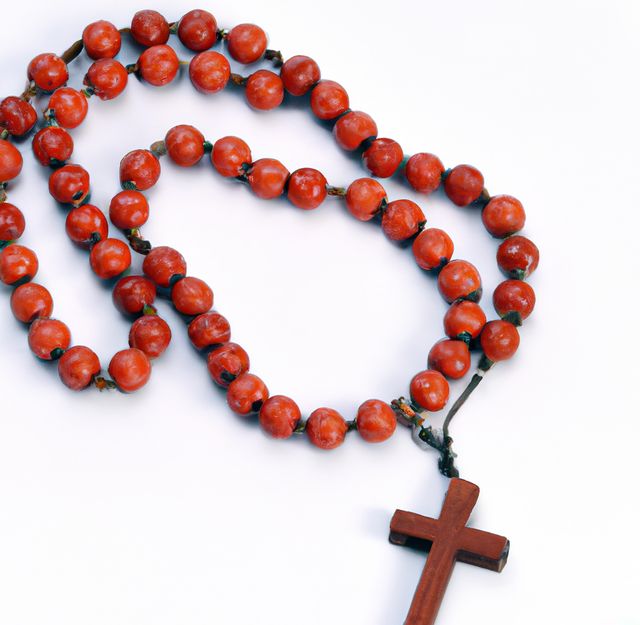 Red rosary beads with a wooden cross lying on a white background are shown. The vibrant red color of the beads contrasts with the brown wooden cross, creating a visually striking item that is both a religious and artistic symbol. Suitable for use in articles about religion, spirituality, and faith, or as a visual for religious service announcements and prayer guides.