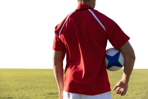 Rear View Male Rugby Player Holding Ball on Sunny Field Transparent