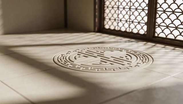Sunlit lattice screen casting shadows over recessed geometric medallion on tiled floor
