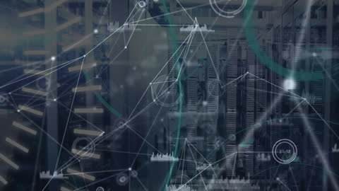 Digital Network and Data Overlay on Modern Server Room