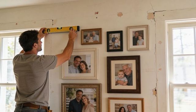 Man hanging family gallery wall using level in aging plaster home during renovation