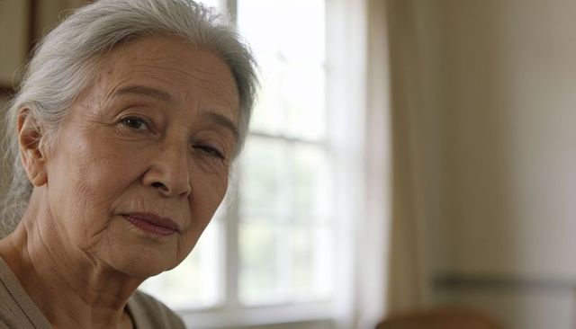 Contemplating senior asian woman sitting by sunlit paned window at home