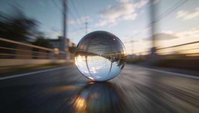 Glass sphere reflecting inverted road and sunrise on bridge, motion blur lensball close-up