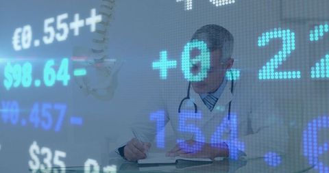 Medical Professionals Analyzing Digital Financial Data with Overlay
