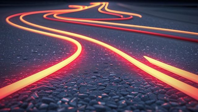 Glowing neon trails on textured asphalt artworks pathway