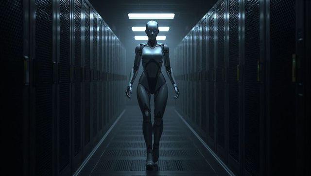 Humanoid robot patrolling data center corridor with server racks and led lighting