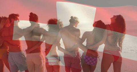 Friends Celebrating Unity with Swimwear on Sunset Beach Swiss Theme