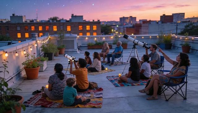 Rooftop stargazing party with telescopes at dusk city skyline and string lights