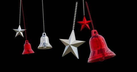 Hanging Red Bells and Silver Stars on Black Background