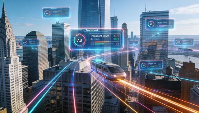 Futuristic maglev train racing on neon sky tracks above metropolis with holographic panels