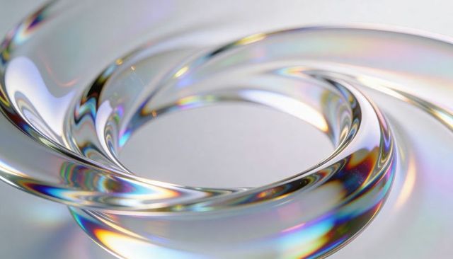 Iridescent glass torus displaying rainbow prismatic reflections on pale surface