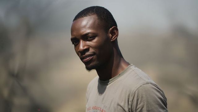 Adult man tilting head and smiling in soft outdoor light, casual portrait