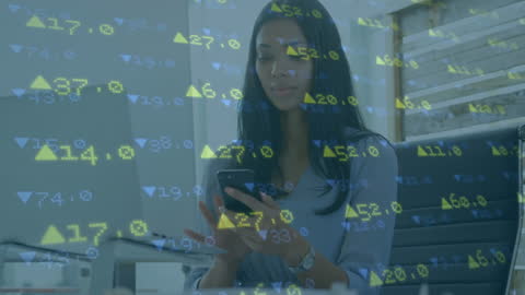 Businesswoman Analyzing Data on Smartphone with Financial Graphs Overlay