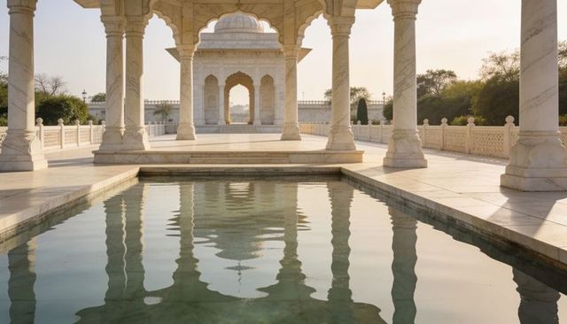 White marble pavilion reflecting in serene rectangular pool on raised terrace, colonnade