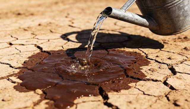 Water pouring from metal watering can forming muddy puddle on cracked parched clay
