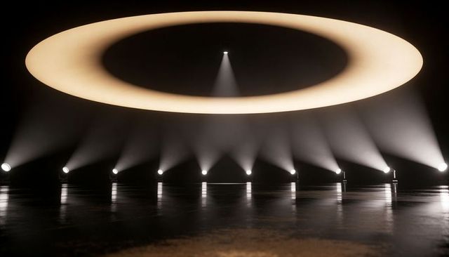 Minimalist Halo Stage Casting Radial Spotlights over Reflective Glossy Floor for Dramatic Lighting