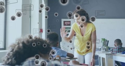 Female teacher greeting elementary students in modern classroom with digital overlays