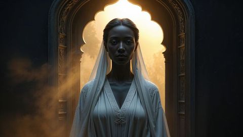 Veiled woman standing in misty temple archway spreading tranquility and forgiveness