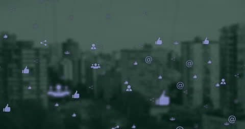 Digital Networking Icons Overlaying Urban Cityscape