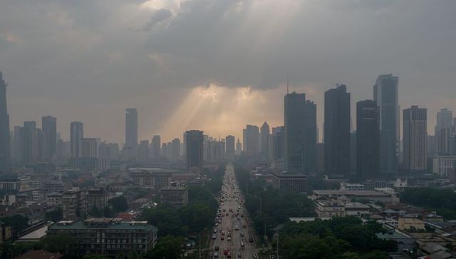 Busy Urban Highway Through High-rise City Landscape with Sunbeams