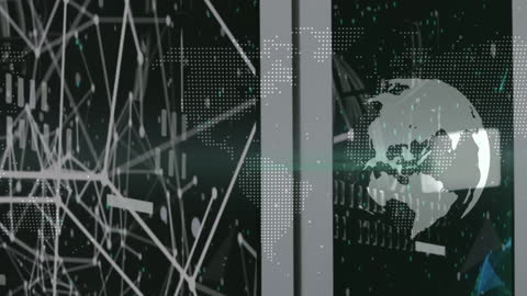 Digital Network with Globe and World Map Overlaying Server Room