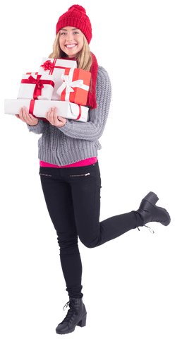 Festive Joyful Woman Holding Pile of Christmas Gifts Transparent