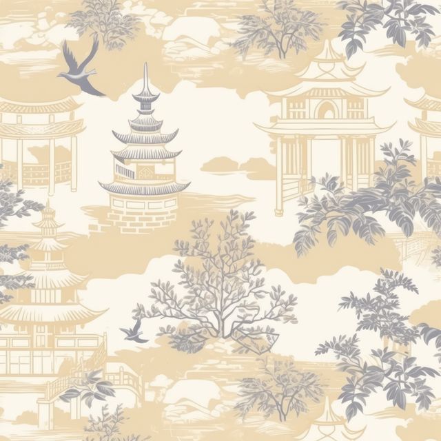 Repeatable pattern of chinoiserie on beige background, created using generative ai technology. Chinoiserie, interior design and decorative pattern concept digitally generated image.