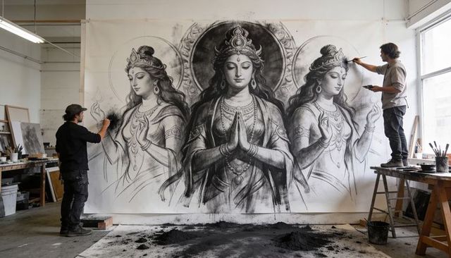 Two artists collaborating, drawing monumental charcoal goddess mural in bright art studio