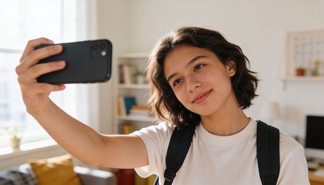 Teen female student taking selfie in sunlit apartment with backpack and bookshelf