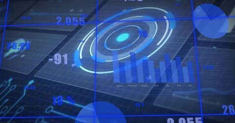 Futuristic holographic data visualization with radial chart and graph