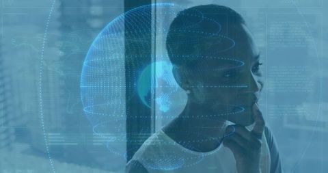 Woman by Office Window with Digital Globe Reflection Imagery