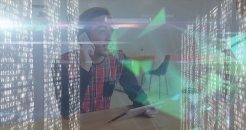 Businessman communicating at modern workspace with digital overlay