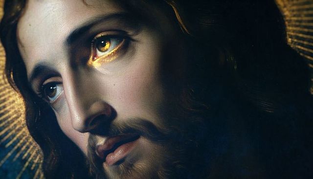 Bearded sacred male portrait with golden halo and luminous eyes on oil canvas