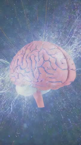 3D Brain Model Emerging, Rotating and Pulsing Electric Arcs in Neural Simulation