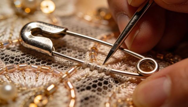 Hand stitching beads and lace with safety pin, macro close-up of delicate needlework