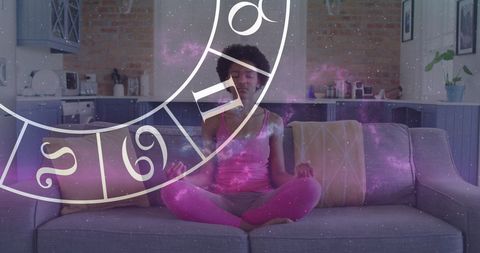 African American Woman Meditating with Zodiac Overlay