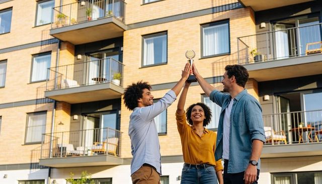 Neighbors celebrating together holding trophy outside modern brick apartment building