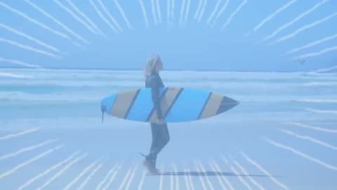 Surfer Walking on Beach with Board and Dynamic Wave Graphics
