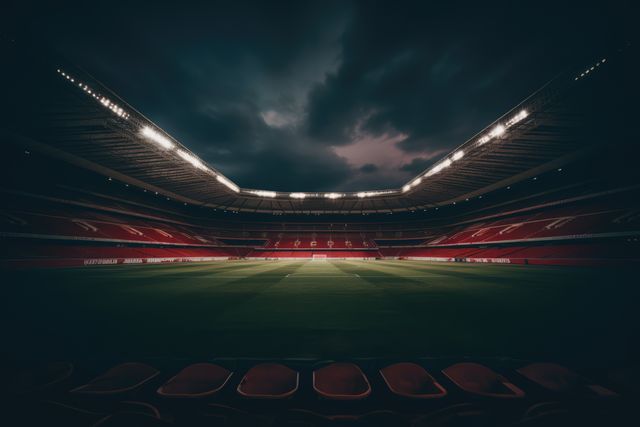 This image shows an empty football stadium illuminated under a dramatic, cloudy night sky. The stadium seating is empty, and the field is well-lit by floodlights, creating a contrast with the dark sky. This can be used for topics related to sports events, stadium architecture, game preparation, and the atmosphere of sports venues.