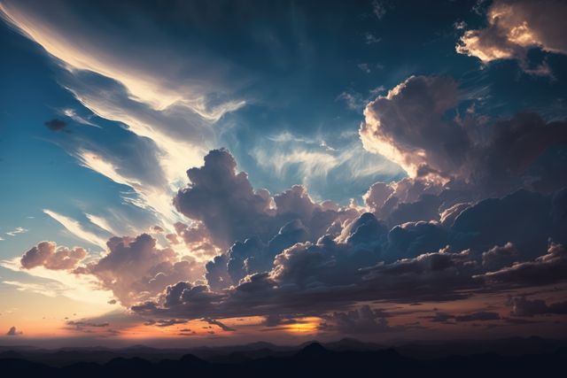 Stunning view of a vibrant sunset sky filled with dramatic clouds over a mountain ridge. Perfect for use in travel brochures, inspirational posters, or presentations focusing on nature's beauty and serenity.