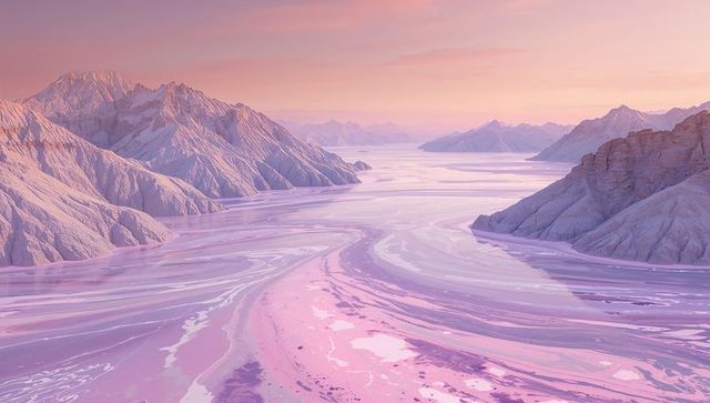 Pastel braided river and salt flats winding through alpine valley at sunrise