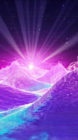 Rising Neon Sun Over Wireframe Mountains Illuminating Glowing Gridscape Vertical Video Loop