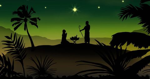 Silhouette nativity scene christmas celebration in tropical setting