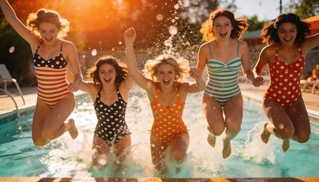 Five friends jumping into pool wearing colorful retro one-piece swimsuits, joyful summer splash