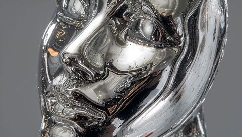 Liquid chrome face sculpture close-up with bubbled surface and high-contrast reflections