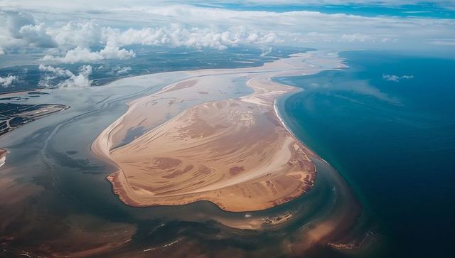 Curving sandbar and braided tidal channels revealing layered sediment along coastline